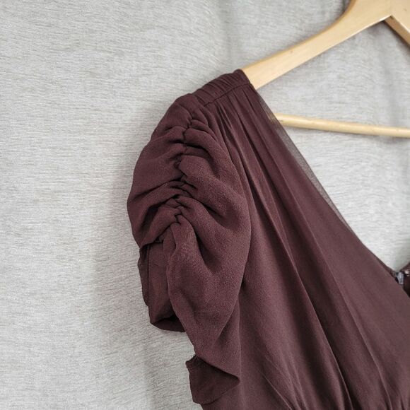 Suzi Chin for Maggy Boutique 100% Silk Chiffon Midi Dress Chocolate Brown NEW - Picture 3 of 13